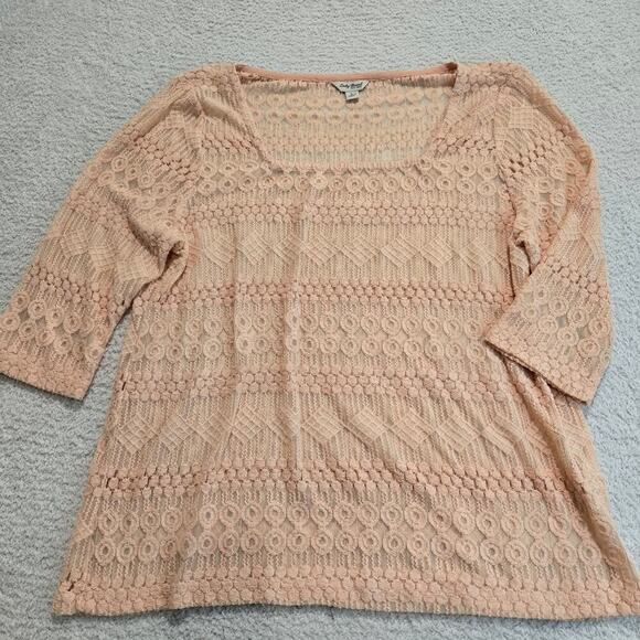 Lucky Brand Peach Crochet Lace Top Semi-sheer Size L Boho - Picture 1 of 8